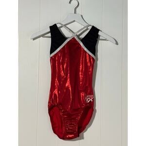 GK Elite Gymnastics Leotard Red Black Metallic Body Silver Trim Size Adult Small